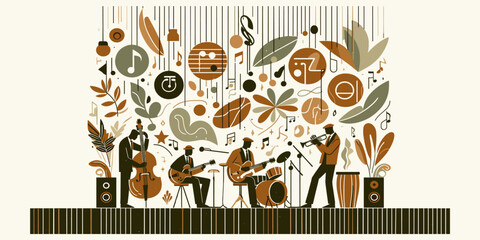 A vector illustration of a live music band performing on stage, with an abstract collage of musical notes and organic shapes representing the sound