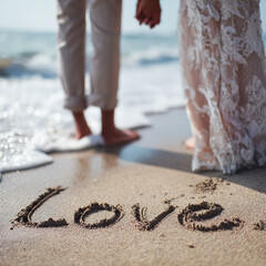 Romantic Wedding Couple Holding Hands on Pastel Beach with Gentle Ocean Breeze – great for wedding invitations