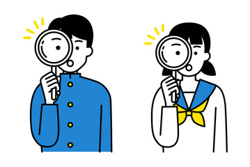 虫眼鏡を覗く男女の学生　セット