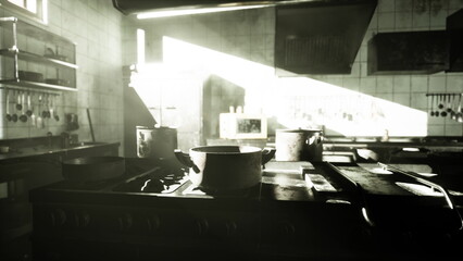 In the warm glow of early morning, sunlight streams through a rustic kitchen. Pots and pans rest on an old stove, evoking a sense of nostalgia and culinary creativity.