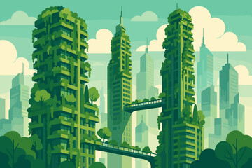 Modern green skyscrapers integrate nature in a vibrant urban setting during daytime, promoting eco-friendly architecture