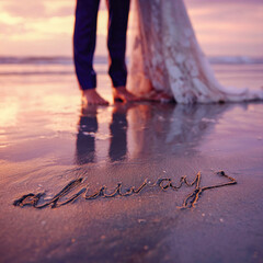 Close-Up Wedding Couple Barefoot on Wet Beach Sand at Sunset with Soft Glow – perfect for wedding keepsakes