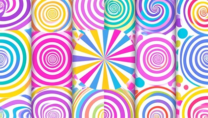 A vibrant grid featuring swirling circular patterns in a spectrum of bright, pastel colors, creating a dynamic and playful visual