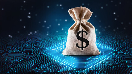 Digital Dollar Money Bag on Electronic Circuit Board Finance Technology