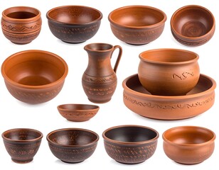 Assorted ceramic bowls and a pitcher arranged on a white background