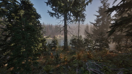 A serene forest scene captures gentle mist rising over a calm lake. Tall trees surround the area, while soft morning light filters through the foliage, creating a peaceful ambiance.