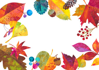 秋の紅葉した、落ち葉や木の実でデザインした囲みフレーム。カラフルなペインティングテクスチャのイラスト。