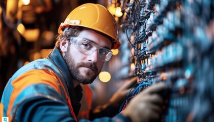 Focused scene of technician wearing hard hat, safety glasses, and high-visibility vest connecting wires on electrical panel, representing male profession, electrical work, engineering, and technology