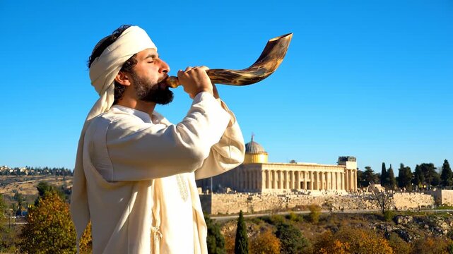 A man in traditional attire stands holding a staff against a historic backdrop. The man's traditional attire and staff complement the ancient architecture and landscape.