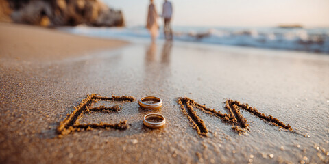 Editorial Romantic Photo on Mediterranean Shoreline with E & M Initials Drawn in Sand – perfect for travel and engagement storytelling