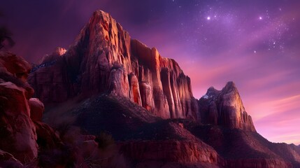 Naklejka premium Majestic desert cliffs glowing in warm copper and burnt orange twilight sky blended with lavender haze and subtle star glow, perfect for travel or adventure design