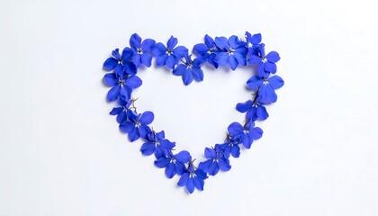 A vibrant heart-shaped arrangement composed of small blue flowers, set against a pristine white background. The delicate blooms form a lovely floral display