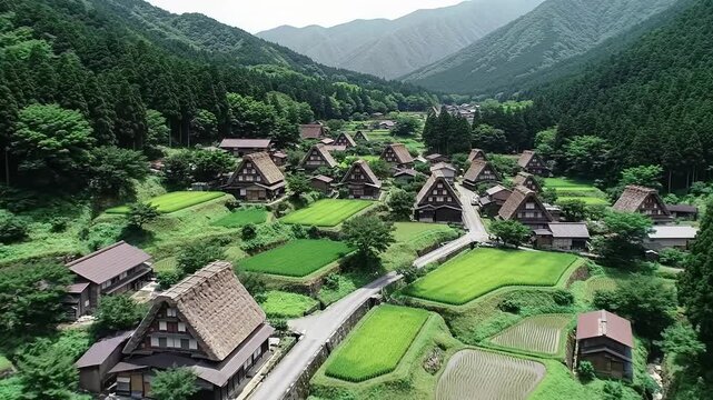 Majestic drone video of a serene traditional japanese village nestled in a verdant valley, featuring gassho-zukuri houses, lush forests, and terraced rice paddies, tranquil historic atmosphere