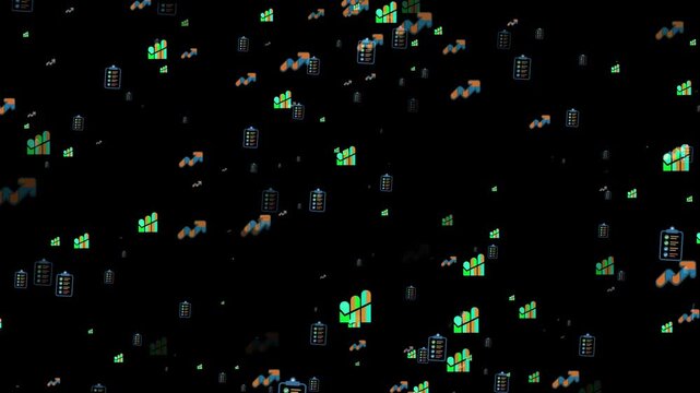 Abstract Business Icons with Charts and Checklists on Dark.  Some random premium business elements with particles 4k animation.