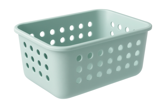 Rectangular plastic basket with holes for drying and organizing bath toys.