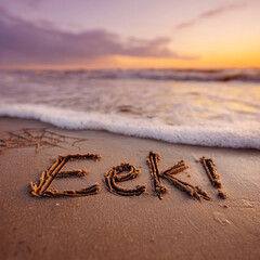 “Eek” Written Naturally in Damp Beige Sand with Thin Realistic Grooves and Soft Ocean Foam – great for Halloween promotions