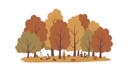 Autumn forest scene with colorful trees and small figures isolated on transparent background