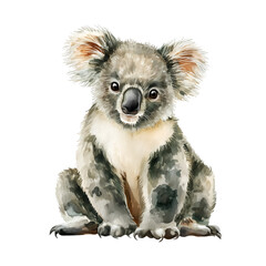 Fototapeta premium Watercolor depiction of a cute koala bear. The animal is sitting on its bottom and staring with its black eyes at the viewer.
