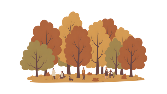Autumn forest scene with colorful trees and small figures isolated on transparent background