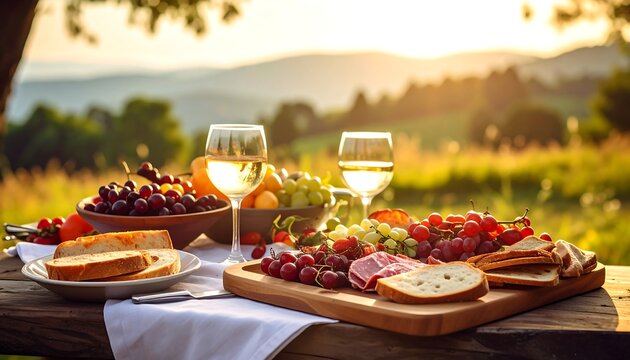 Delicious outdoor picnic scene with bread, fruits, cheese, and wine