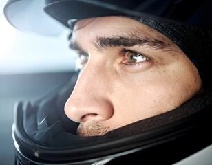 Close-up of a determined man wearing a black racing helmet, looking intently to the side with focused eyes.
