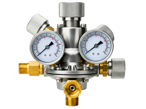 Industrial gas pressure regulator with two manometer gauges on a transparent background