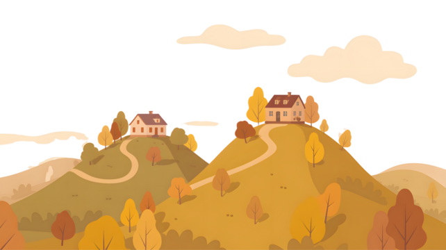 Whimsical village nestled on rolling hills at dusk isolated on transparent background