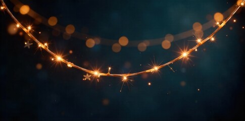 Delicate String Garland for Celebrations A delicate, shimmering garland made of thin, glowing strings, softly suspended against a blurred background of warm bokeh lights. The strings have a subtle