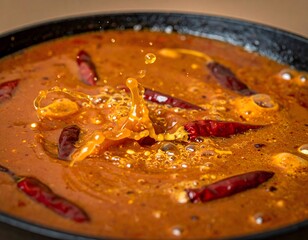 A close-up shot of a spicy, reddish-brown soup or stew in a dark bowl, featuring red chili peppers and a splash of liquid creating droplets.