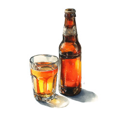 watercolor of Amber Beer Bottle And Glass, vector, isolated on a white background.