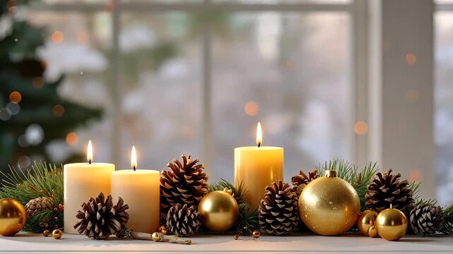 Candles, pine cones, and gold ornaments creating warm, cozy christmas ambiance.