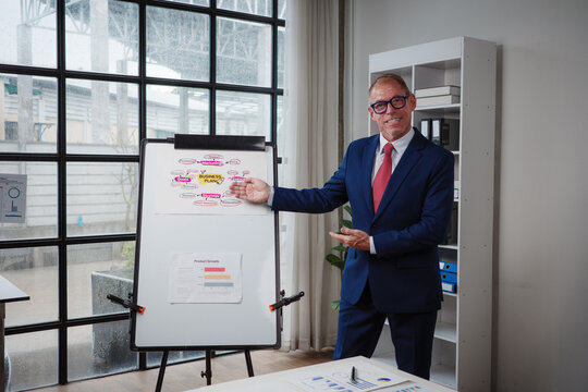 Businessman presenting business plan strategy on whiteboard in office