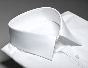 Close-up of a neatly folded, crisp white dress shirt with a pointed collar and button closure, presented on a gray surface.