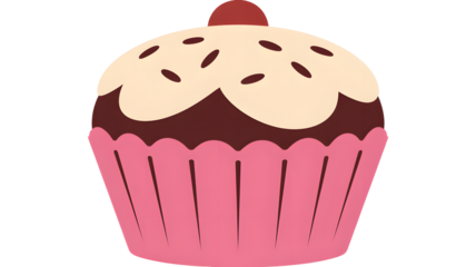 Chocolate cupcake with pink wrapper and cherry on top isolated on transparent background