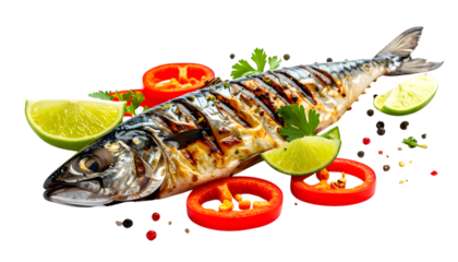 Grilled Mackerel Culinary Delight: A beautifully grilled mackerel, presented alongside fresh ingredients, embodies the essence of culinary mastery and fresh ingredients, perfect for food enthusiasts.