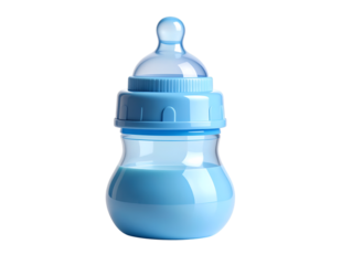 Serene sustenance: A baby bottle filled with pale blue liquid, standing alone against the light. A snapshot of nurture and sustenance.