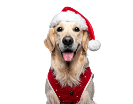 Festive Golden Retriever: A golden retriever sporting a Santa hat and a cozy red outfit, radiating holiday cheer and a heartwarming spirit.