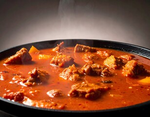 Steaming pot of rich, red curry with tender chunks of meat and potatoes, presented in a black serving dish.