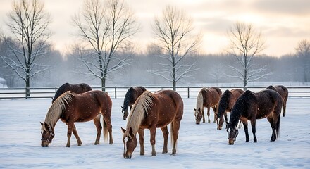 Herd of horses grazing in a snow covered pasture under a cloudy sky