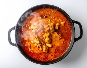 Steaming hot chicken curry simmers in a black cast iron pot, viewed from above, with rich red sauce.
