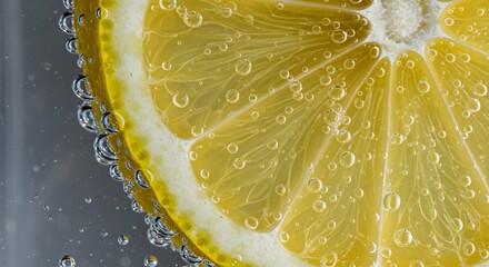 A lemon slice submerged in sparkling water bubbles clinging to its surface