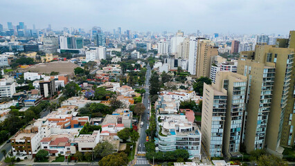 Avenue in the luxury district of San Isidro, Lima on a cloudy winter day.