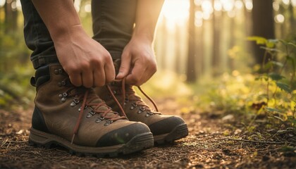 A person tying the laces on hiking boots in a sunlit forest. Hiker preparing for an outdoor adventure on a trail. Active lifestyle and travel concept