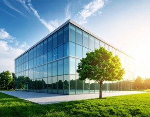 Fototapeta premium Sustainable glass office building with tree for reducing heat and carbon dioxide