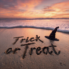 “Trick or Treat” Natural Stick Writing in Wet Golden Sand with Realistic Shallow Texture – perfect for seasonal promotions