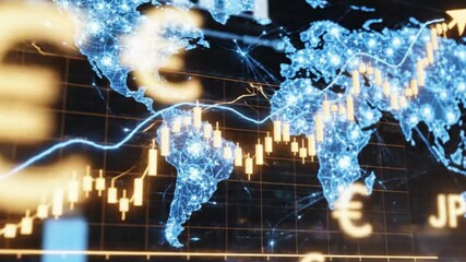 Dynamic global finance graphs show market trends and economic growth with a world map overlay. - Powered by Adobe