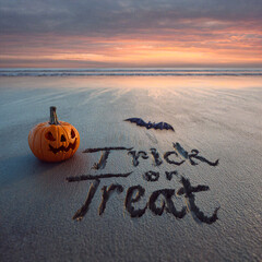 “Trick or Treat” Written in Wet Sand with Clean Thin Grooves and Gentle Reflections – great for holiday campaigns