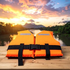 Bright orange safety vest on wooden surface; river & sunset backdrop