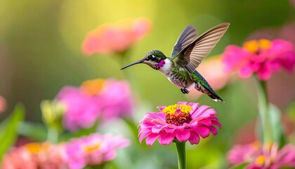 A vibrant hummingbird hovers gracefully near a vivid pink flower, wings outstretched in flight, surrounded by a soft, blurred floral backdrop