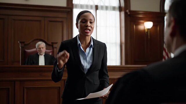 Passionate black female lawyer presenting her case and making a closing argument. An african american attorney speaks to the jury in a courtroom